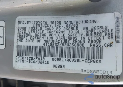 2003 Toyota Camry Xle from USA, damaged, VIN 4T1BE32K83U256888